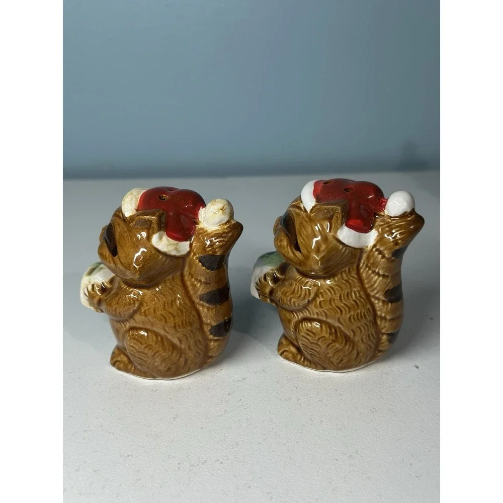Vintage Set Of Christmas Racoon Salt & Pepper Shakers Holding Presents Japan